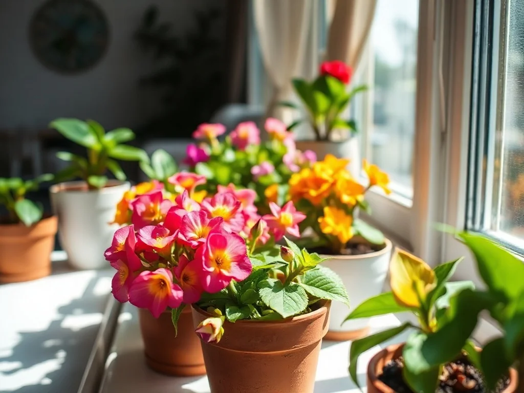 Parapet z kwitnącymi pelargoniami, fiołkami i begoniami w doniczkach, w jasnym, przytulnym wnętrzu pełnym roślin.